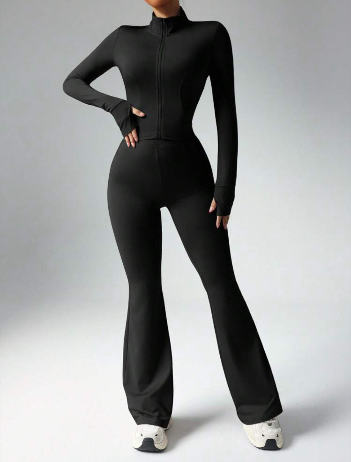 Women’s Black Long Sleeve Fitness Jumpsuit with Zipper – Flare Leg
