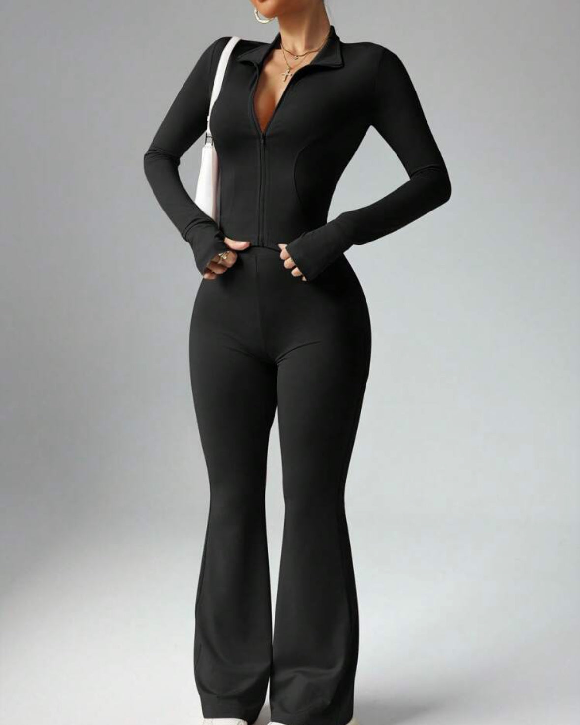 Women’s Black Long Sleeve Fitness Jumpsuit with Zipper – Flare Leg